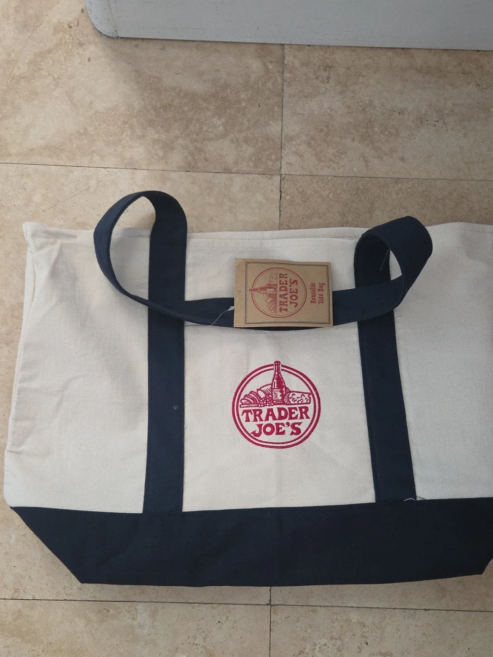 Viral- Trader Joes Canvas Tote Bag in Cream and Navy Large Not Mini